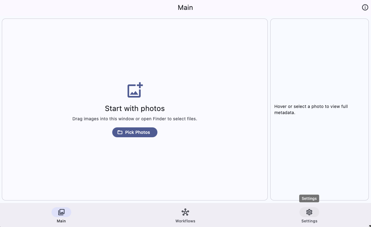 Blank Gledhill Metadata Main screen with Pick Photos button