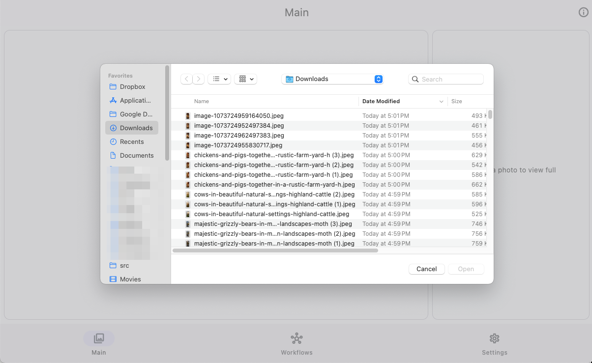 System file picker selecting photos for Gledhill Metadata