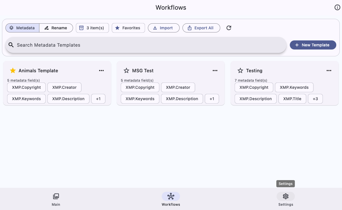 Metadata workflows screen