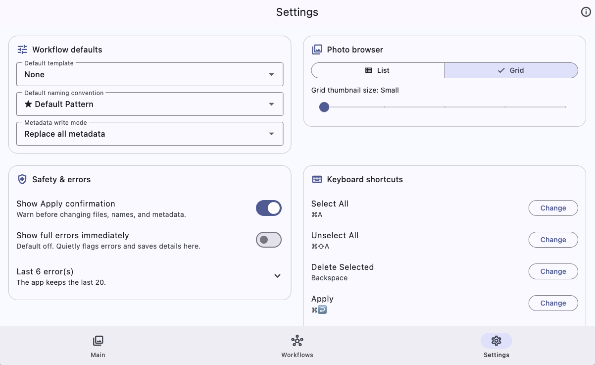 Settings screen
